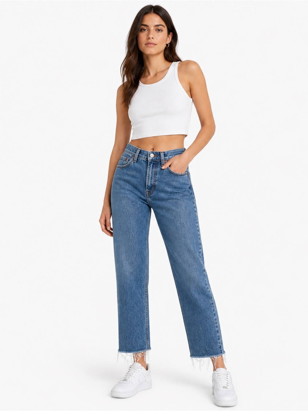 Bershka Straight Cropped Jeans Frayed Hem Size 00